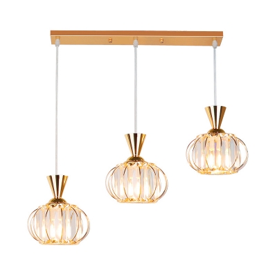Lantern Multi Pendant Light Simplicity Faceted Crystal 3 Heads Dining Room Metal Ceiling Lamp in Gold