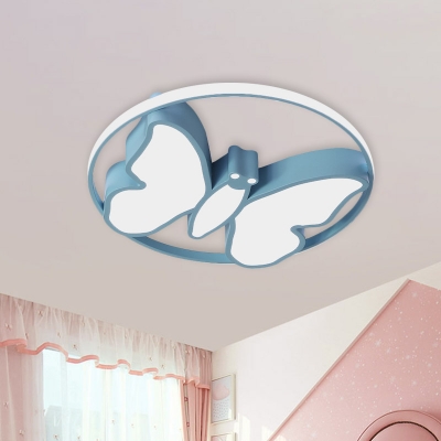 LED Nursery Flush Mount Lighting Cartoon White/Pink/Blue Ceiling Light with Butterfly Acrylic Shade in Warm/White Light