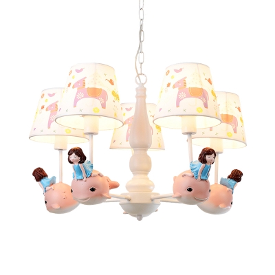 Little Girl and Fish/Carousel Chandelier Cartoon Resin 5 Lights Nursery Ceiling Pendant with Cone Fabric Shade in White