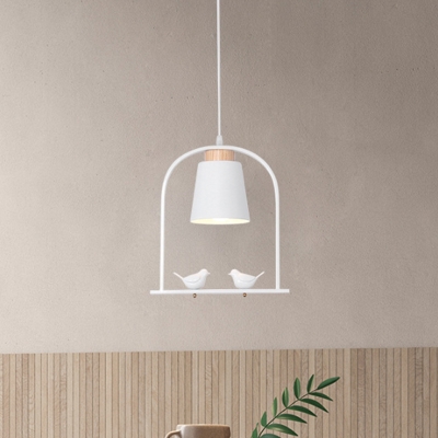 Macaron Tapered Shade Pendant Light Kit Iron Single Restaurant Down Lighting in White/Grey/Pink with Arched Frame and Bird Decor