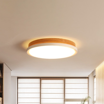 Metal Round Flush Ceiling Light Simplicity White and Wood Grain LED Flush Mount Recessed Lighting in Warm/White Light