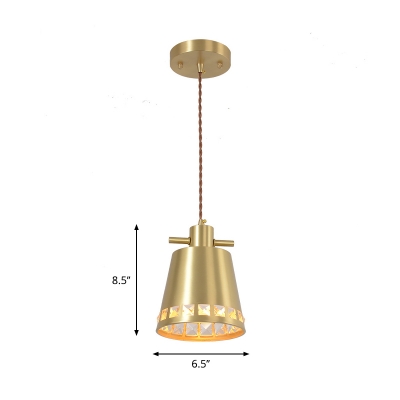 Mid Century 1-Light Hanging Pendant Brass Crystal-Trim Barrel Ceiling Suspension Lamp with Metal Shade