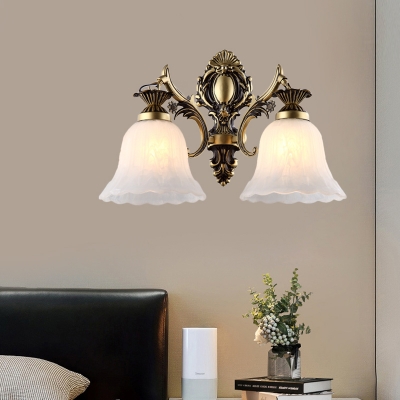 Milk Glass Bronze Sconce Light Blossom 1/2-Bulb Traditional Wall Lighting Fixture for Living Room