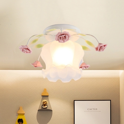 Milky Glass Scalloped Semi Flush Romantic Pastoral 1 Light Bedroom Flush Mount in Yellow/White and Pink