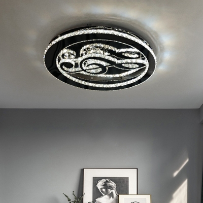Minimalist Ring Ceiling Light LED Cut Crystal Flushmount in Black with Musical Note Design