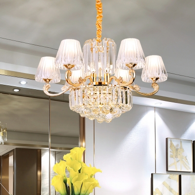 Modern Cone Shade Hanging Pendant 6-Light Prismatic Crystal Chandelier Lighting with Ball Finial in Gold