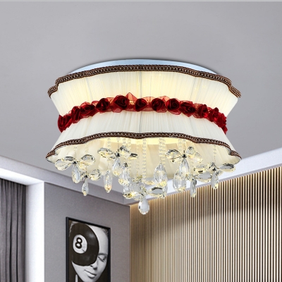 Modernist Blossom Ceiling Mounted Light Fabric LED Bedroom Flush Lamp Fixture in Beige with Floral Crystal Droplet