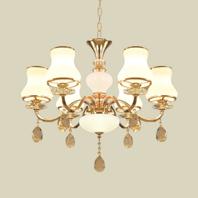 Modernist Pear Shaped Chandelier 6-Light Ivory Glass Hanging Ceiling Light with Crystal Drop in Champagne