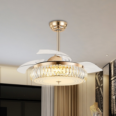 Oval Drum Ceiling Fan Lighting Modern Beveled Crystal Prisms Dining Room LED 4-Blade Semi Flush Lamp in Gold, 9.5