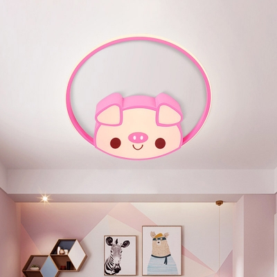 Pink/White Pig Flush Light Cartoon LED Acrylic Flush Mount Lamp with Ring for Children Bedroom