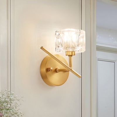 Postmodern Cubic Mini Wall Sconce Light Single Bulb Crystal Wall Lighting Fixture in Brass