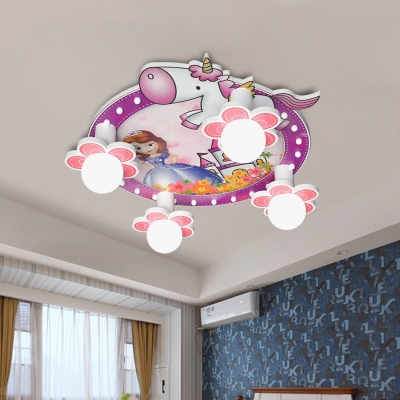 Princess And Unicorn Ceiling Lamp Cartoon PVC 4-Head Purple Flush Mounted Light Fixture, 6.5