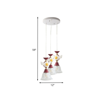 Red Globe/Bird Cluster Bell Pendant Cartoon 3-Light Craved Glass Hanging Light Fixture for Nursery
