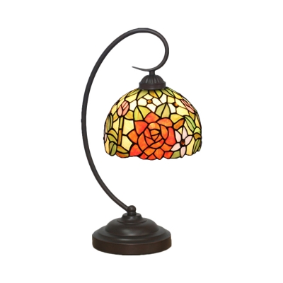 Red/Orange Domed Desk Lighting Mediterranean 1 Bulb Hand Cut Glass Swirl Arm Table Lamp with Rose Pattern