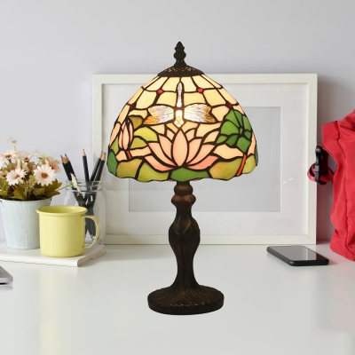 Red/Pink 1 Light Night Lighting Mediterranean Stained Art Glass Dome Shaped Nightstand Lamp with Rose/Lotus Pattern