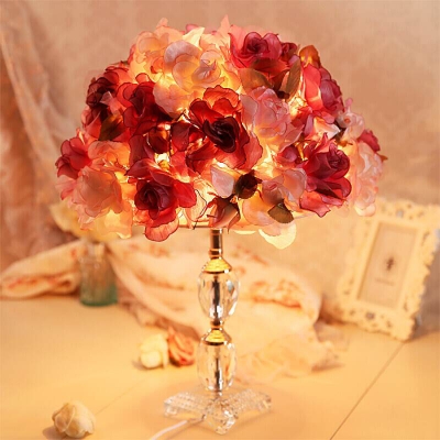 Rose Blossom Bedroom Table Lamp Korean Pastoral Fabric Single Purple Night Light with K9 Crystal Base