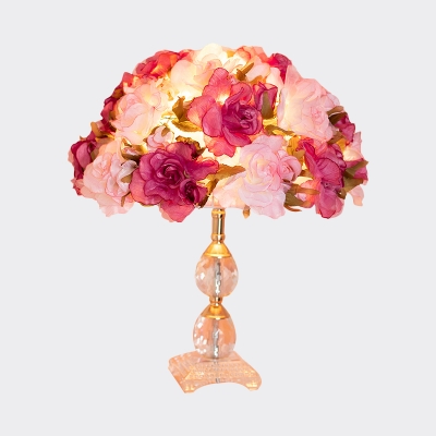 Rose Blossom Bedroom Table Lamp Korean Pastoral Fabric Single Purple Night Light with K9 Crystal Base