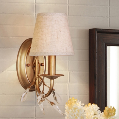 Rural Cone Shade Wall Lighting 1 Bulb Fabric Sconce Light Fixture with Crystal Detail in Gold