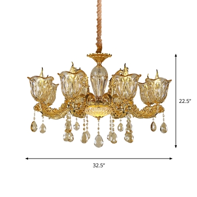 Scalloped Bell Amber Glass Hanging Lamp Mid-Century 6/8 Heads Lobby Ceiling Chandelier in Champagne