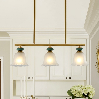 Scalloped Bell Frosted Glass Island Chandelier Classic Style 3-Head Dining Room Hanging Lamp Kit in Gold with Linear Beam