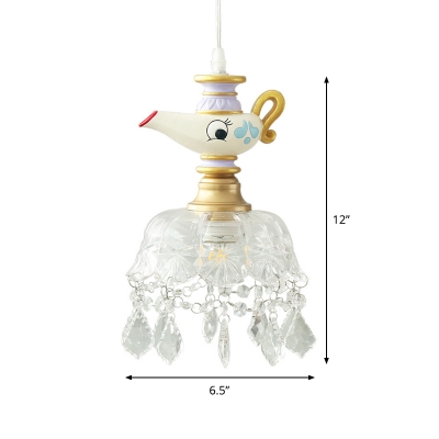 Scalloped Bowl Pendulum Light Kids Clear Glass 1/4-Light White Drop Pendant with Drape and Cartoon Kettle Top