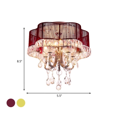 Sheer Floral Semi Flush Lamp Contemporary LED Candle Flush Mount Ceiling Light in Gold/Pink with Crystal Decor