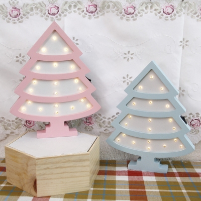 Small Christmas Tree LED Wall Light Kids Wooden Pink/Blue Battery Powered Nightstand Light