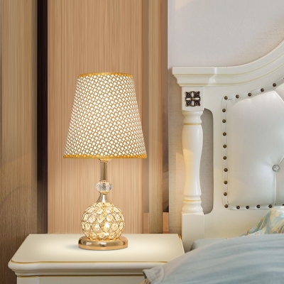 Tapered Bedroom Night Light Traditional Fabric 1 Bulb Gold Table Lamp with Sphere Crystal Base
