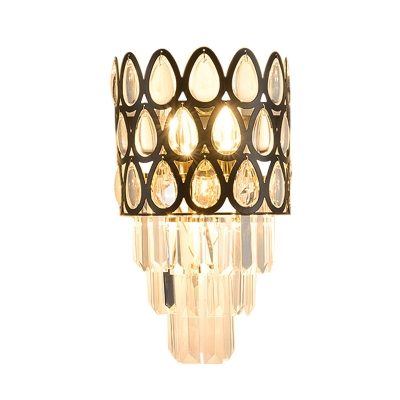 Tapering Crystal Prism Wall Light Mid Century 3 Bulbs Living Room Sconce with Black Drum Cage