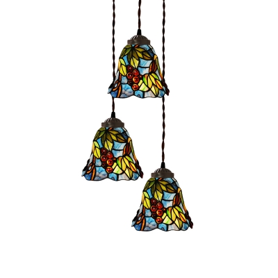 Tiffany Bell Shade Drop Pendant 3 Heads Pink/Light Blue-White/Dark Blue Glass Hanging Lamp with Flower/Grapes Pattern