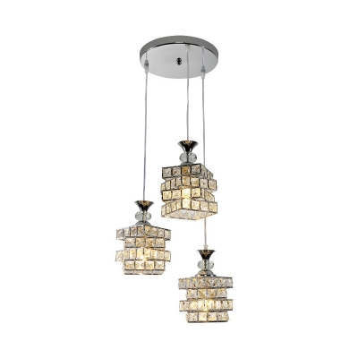 Twisted Square Dining Room Cluster Pendant Crystal 3 Heads Simplicity Suspension Light in Silver
