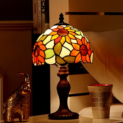Victorian Bowl Shade Night Lamp 1-Bulb Stained Art Glass Sunflower Patterned Table Light in Dark Brown