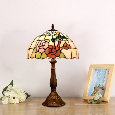 Victorian Domed Night Table Lighting 1-Light Cut Glass Nightstand Lamp in Bronze with Rose Pattern