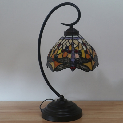 Victorian Dragonfly Desk Lighting 1-Light Cut Glass Nightstand Light in Orange/Green with Curvy Arm for Bedroom