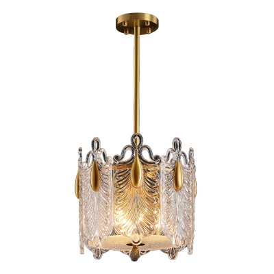 Vintage Drum Hanging Chandelier 4 Bulbs Clear K9 Crystal Suspension Pendant Light in Gold