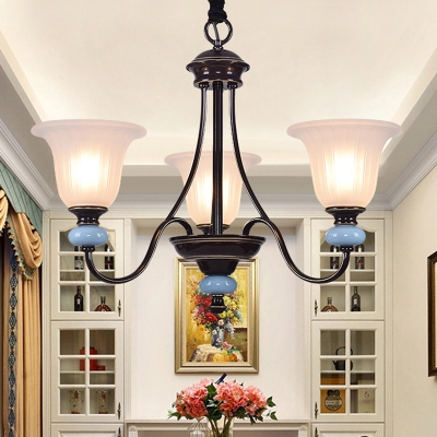 White Glass Black Pendant Chandelier Flared 3/6 Lights Traditional Style Suspension Lighting with Twisted Arm