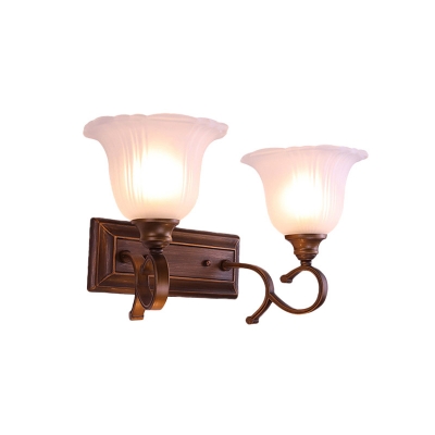 White Glass Flared Surface Wall Sconce Country 1/2-Light Bedroom Wall Lighting in Coffee with Swooping Arm