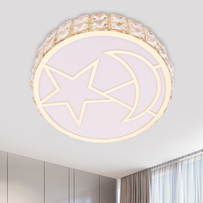 White LED Flushmount Light Modern Crystal Encrusted Round Ceiling Fixture with Moon-Star Pattern