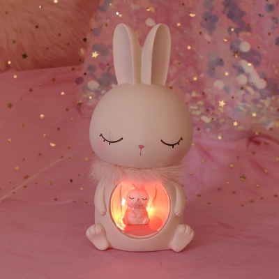 White/Pink Rabbit LED Table Stand Light Cartoon Resin Battery Night Lamp for Kids Bedroom