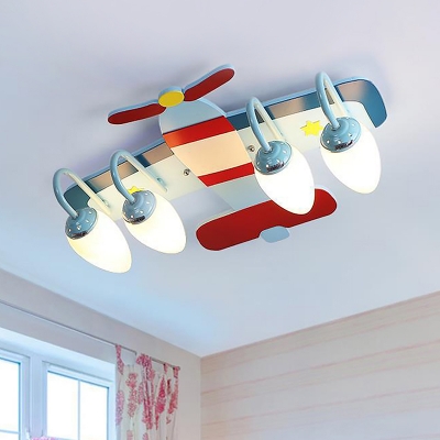 Wood Plane Semi Mount Lighting Kids Style 4-Head Blue Ceiling Flush Light with Cream Glass Shade