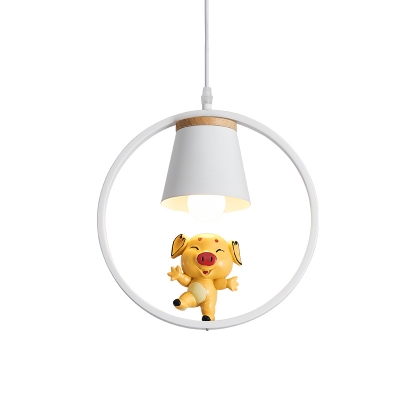 Yellow Piggy Drop Pendant Cartoon Single Resin Hanging Ceiling Light with Bell Shade and Ring Guard
