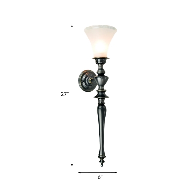 1-Bulb Wall Sconce Light Retro Living Room Wallchiere with Flared Opal Glass Shade in Black