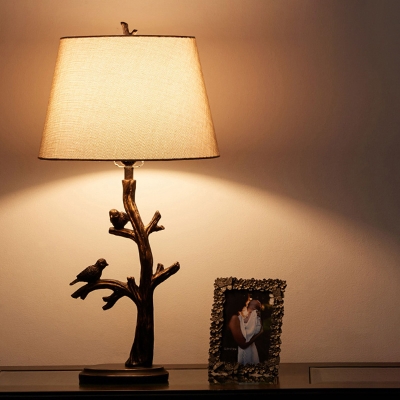 1 Light Branch and Bird Desk Lamp Antiqued Bronze Resin Night Table Lamp with Barrel Fabric Shade