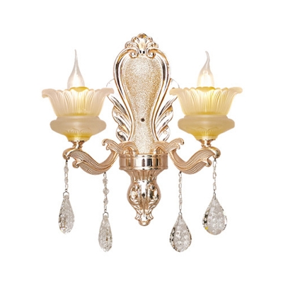 2 Bulbs Floral Sconce Lighting Traditional Gold Frosted Glass Wall Mount Light Fixture with Dangling Crystal