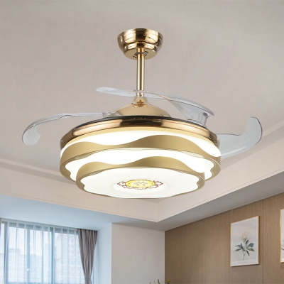 2-Tier Round Parlour Pendant Fan Light Metal LED Modernist Semi Flush Mount in Gold with 4-Blade, 42