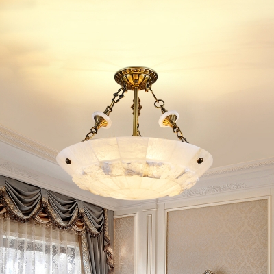 3/4 Lights Bowl Semi Flush Lighting Vintage Brass Finish White Glass Ceiling Lamp Fixture, 16