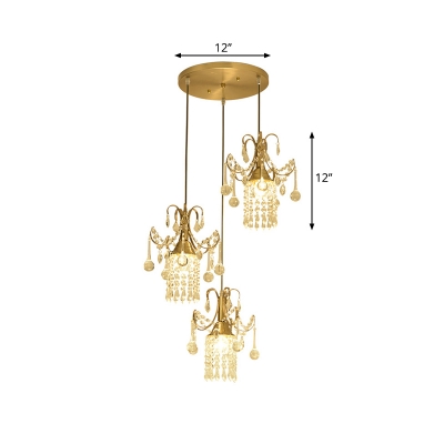 3-Light Crystal Fringe Cluster Pendant Post-Modern Brass Flared Dining Room Suspension Lamp