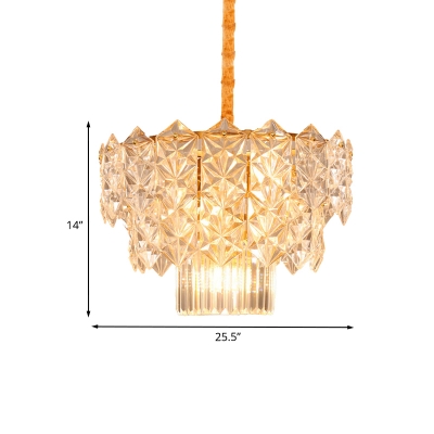 9 Heads Faceted Crystal Pendulum Lamp Contemporary Gold 3-Tier Living Room Hanging Chandelier