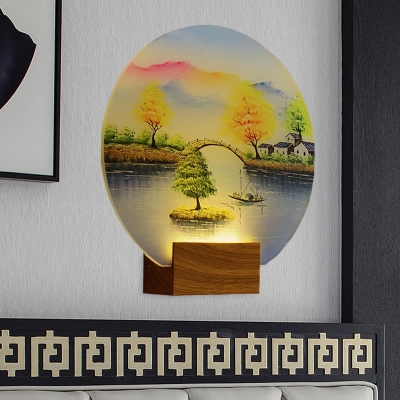 Acrylic Lakeside Village Mural Lighting Contemporary Wood LED Wall Mount Light Fixture