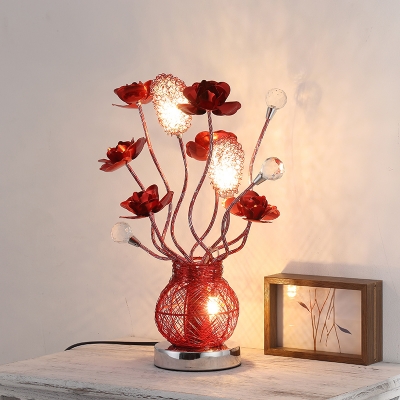 Art Deco Floral and Vase Table Lighting Aluminum Wire LED Nightstand Lamp in Red for Parlour